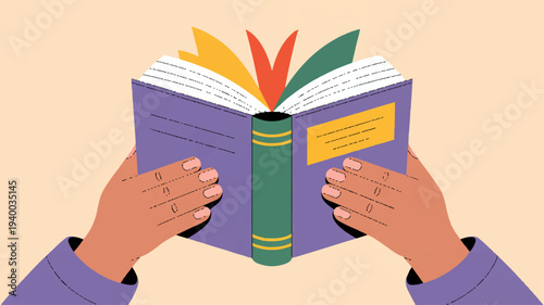 Hands holding open book with colorful pages and bookmarks on a peach background