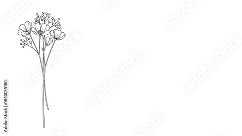 Simple hand drawn line art bouquet of wildflowers and leaves placed on the left side of a clean white background.