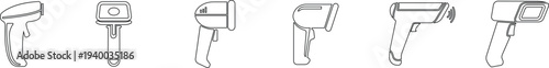 QR code scanner icon set collection group in black line style featuring barcode reader, scanning device, digital sensor, POS technology, retail equipment and automation synonym elements for payment sy