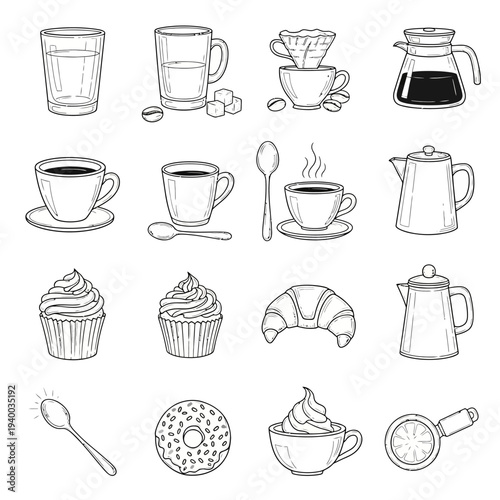 Hand drawn sketch set of coffee, tea, and pastry items.