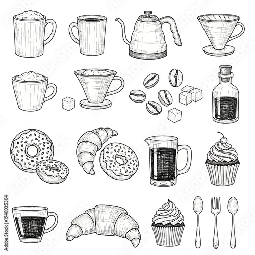 Hand-drawn sketch collection of coffee, pastries, and breakfast items.