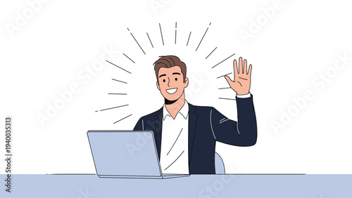 Enthusiastic businessman waving at his laptop screen with glowing rays behind him symbolizing a brilliant online presentation.