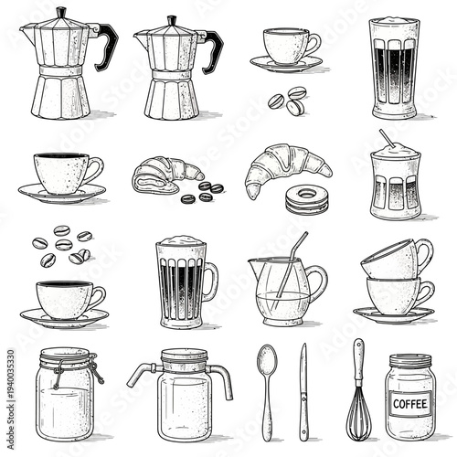 Hand-drawn sketch collection of coffee making accessories and breakfast items.
