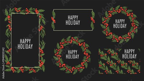 Collection of five festive holiday wreaths, frames, and borders decorated with green pine branches and red holly berries.