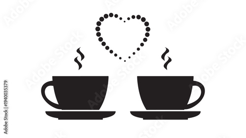 Cups coffee with steam rising forming a heart shape with dotted outline above them featuring hot, drink, beverage with caffeine and morning elements