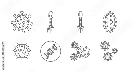 Various virus and bacteria icons in simple line art style.