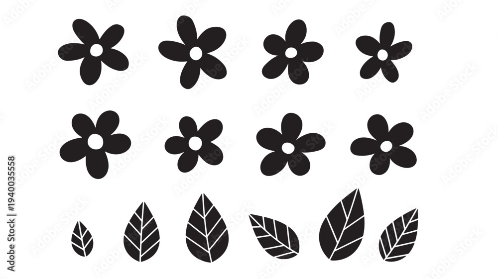 Fototapeta premium Flowers and leaves simple black icons with smooth rounded petals and vein details on white background
