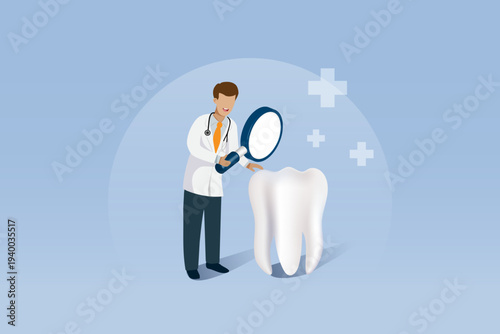 Dentist holding magnifying glass diagnosis and checkup healthy tooth. Dental care concept. Vector.