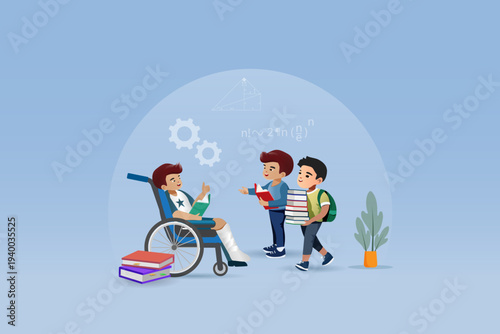 School boys carry books assist disabled friend on wheelchair doing homework. Education and disability concept. Vector.