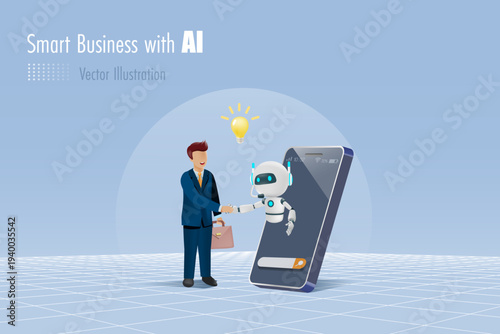 Businessman handshake with AI robot on smartphone and lightbulb. Artificial intelligence technology as smart assistant in business analysis to develop smart solution and profit growth.
