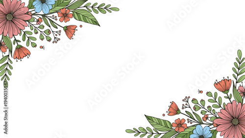 Colorful hand drawn pink and blue flowers with green leaves arranged in opposite corners on a plain white background.
