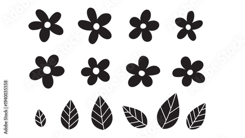 Flowers and leaves simple black icons with smooth rounded petals and vein details on white background