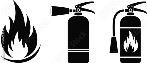Fire extinguisher safety icons set with flame symbol, firefighting equipment vector illustration, emergency protection sign, fire prevention concept