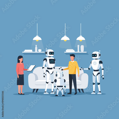 People and Robots Interacting in a Modern Living Space.