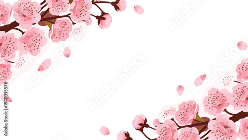 Detailed pink cherry blossom flower branches framing the top left and bottom right corners on a clean white background.