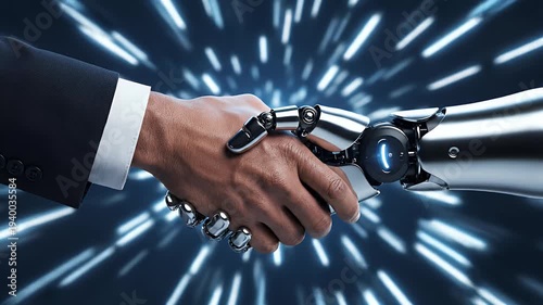 Human and robotic hand shake, symbolizing future collaboration and advancement