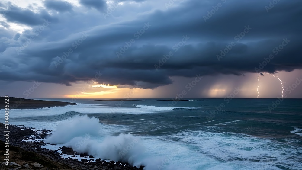 Obraz premium Violent thunderstorm crashes over dark ocean waves near shore.
