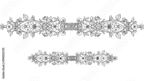 Detailed black and white floral dividers with intricate flower and leaf patterns designed for elegant stationery and book decoration.