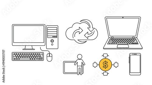 Comprehensive set of technology and business icons including a desktop computer, laptop, smartphone, cloud sync, and financial symbols.