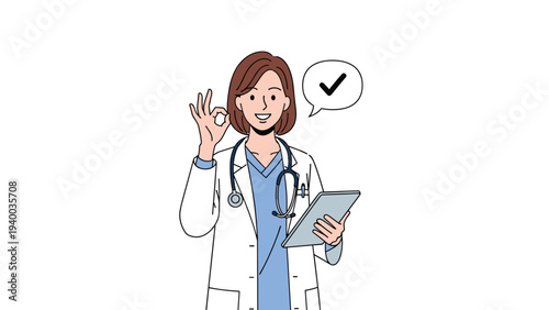 Professional female doctor in a white coat holding a digital tablet and making an okay hand gesture with a checkmark symbol nearby.