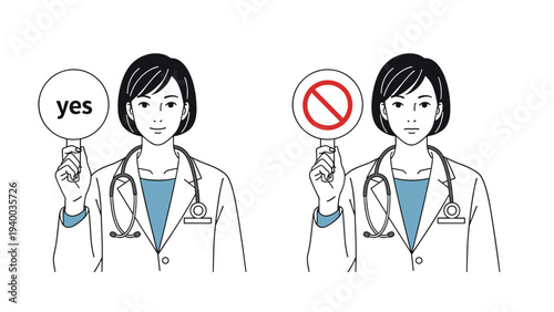 Female doctor character in two poses holding a circular yes sign and a red cross prohibition sign to represent medical advice.