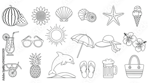 Comprehensive collection of summer and beach themed line art icons featuring items like sun, fruits, flip-flops, and seaside elements.