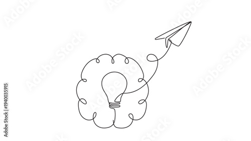 Lightbulb continuous line drawing with paper airplane in cloud shape, symbolizing creativity and innovation