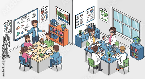 Diverse students learning science and math in modern, interactive classrooms