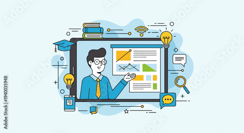 Engaging online education concept with teacher and digital learning tools on tablet illustration