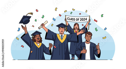 Graduation Celebration: Diverse Students Cheering with "Class of 2024" Banner and Confetti
