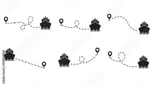 Ships navigation icon set with dashed lines indicating routes and location pins featuring ship, boat, vessel with route and journey elements for