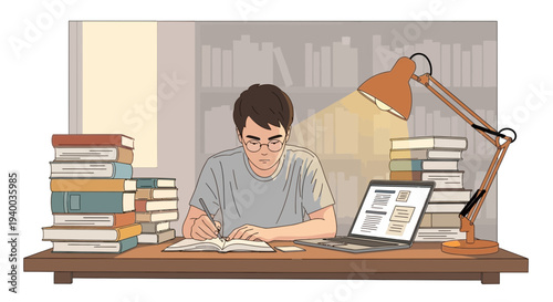 Illustration depicting a focused student studying with books laptop and desk lamp creating a warm