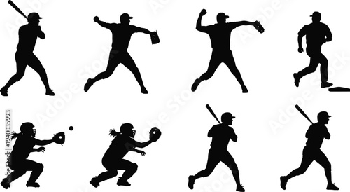 Black silhouettes of male and female baseball softball players, pitching, batting, catching, running, isolated on white background, vector illustration design.