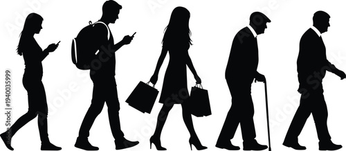 Black silhouettes of male growth stages from baby to child student and adult man using smartphone technology for human evolution,