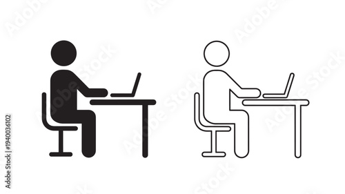 Person sitting at desk using laptop icon with black solid fill and outline styles for remote work or office setup concepts.