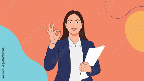 Confident young businesswoman smiling and making an okay hand gesture while holding documents on a vibrant abstract background.