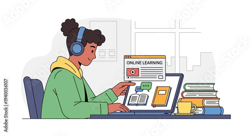 Illustration of a student attending online class with headphones, laptop and books in background