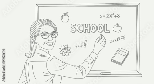 Illustration of a smiling teacher writing math formulas on a chalkboard in school education