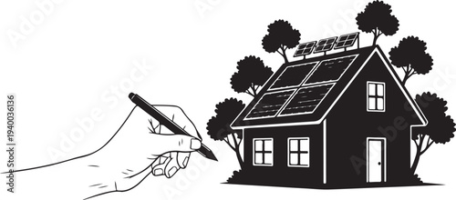 Hand drawing a house with solar panels and trees