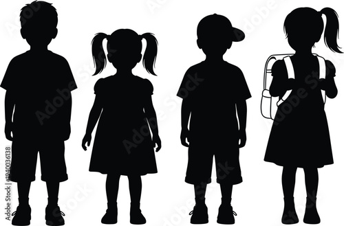 Black silhouettes of school children standing together, young boys and girls with backpacks, students group, childhood friendship, and elementary education