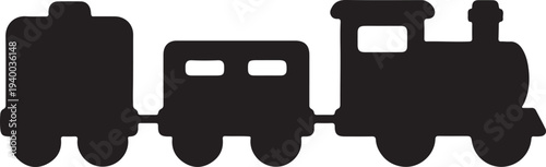Black silhouette of a toy train with three cars in minimalist style