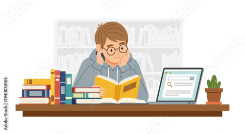 Illustration of a student studying with books and a laptop in a library setting indoors
