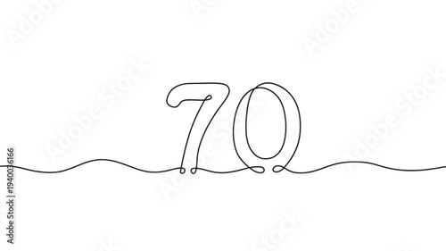 Number seventy continuous one line drawing with elegant curves and minimalist style, isolated on white background.
