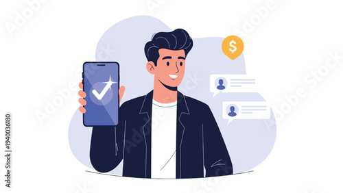 Stylish young man smiling and holding a smartphone with a confirmed checkmark icon surrounded by message notifications.