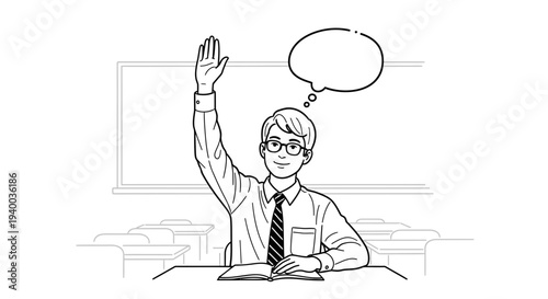 Illustration of a student with glasses raising his hand in class ready to answer a question