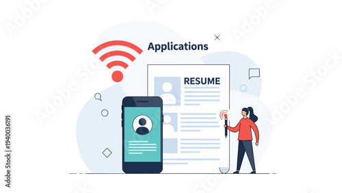 Creative concept of job applications featuring a giant resume document, a smartphone profile, and a person managing the process.