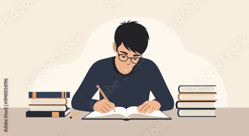 Illustration of a student studying with books and writing in a notebook at desk