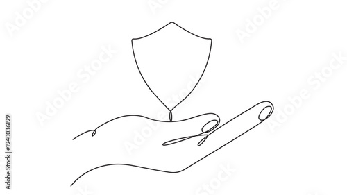 Shield held in open hand, single line drawing, symbol of protection and security. featuring safety, defense, trust with support and care elements for