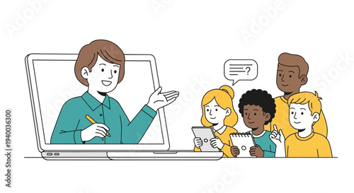 Online Education with Teacher on Laptop and Students Learning Remotely Illustration