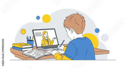 Online learning boy attending virtual class with female teacher on laptop illustration